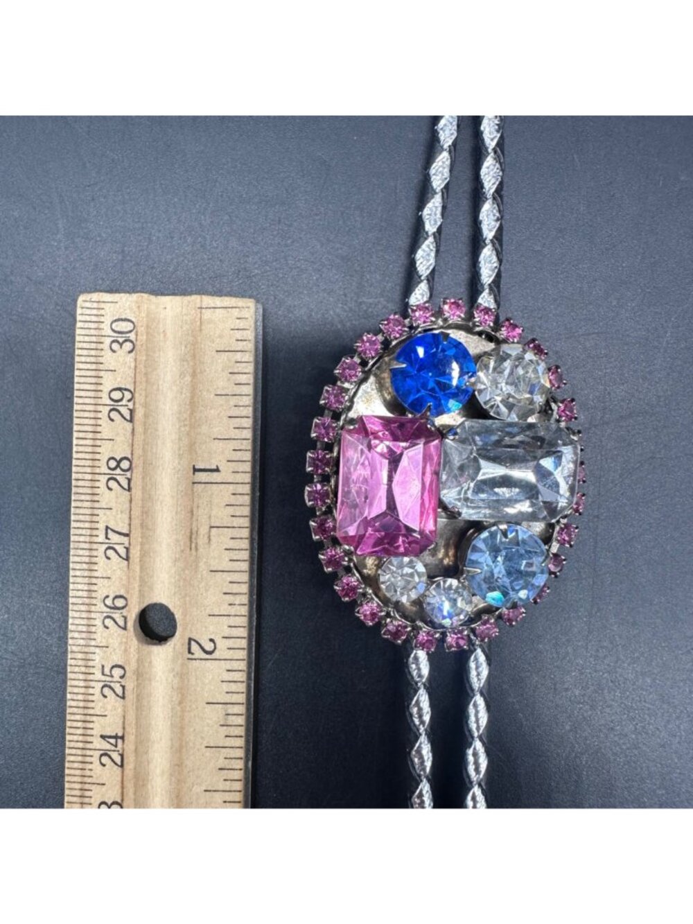 Vintage Bolo Tie Pink Blue Clear Plastic Gems Braided Cord Adjustable Western - Picture 7 of 8
